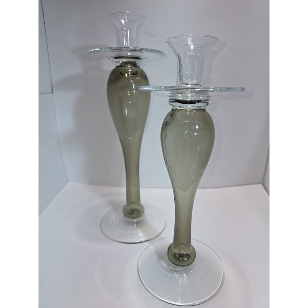 Pair Poland Hand Blown Smokey Gray Glass Candlesticks MCM Art Glass